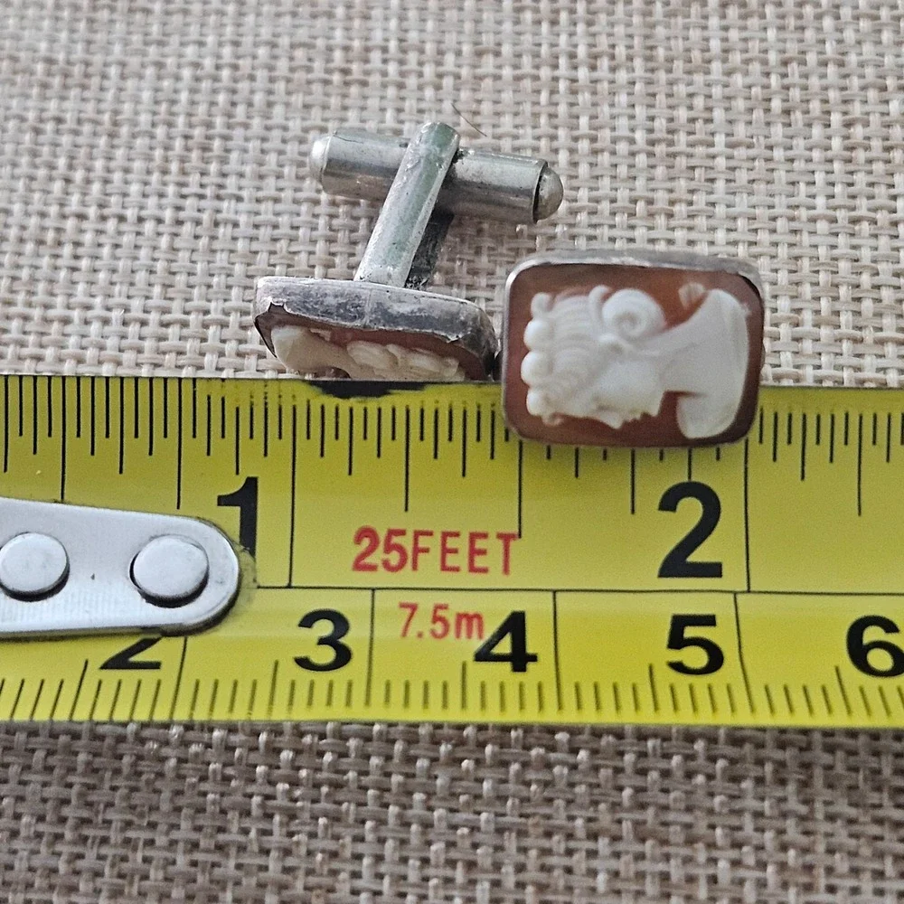 Carved Stone/Shell Top Cufflinks‎ Vintage Sterling Silver